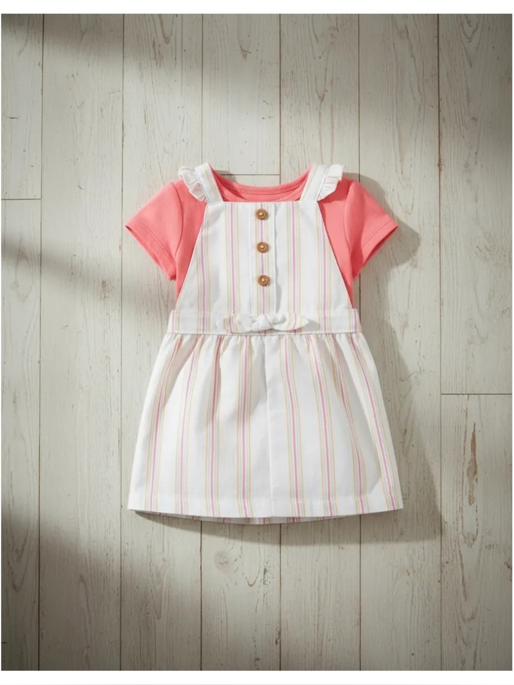 Girls Coral Tee with White Multicolor-Striped Overall Dress Carter’s 12 mo